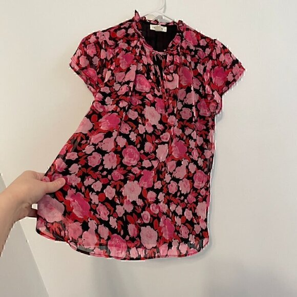 TAMARA H. Short Sleeve Double Ruffle V-Neck Chiffon Blouse Black Pink Red Floral - Picture 8 of 14